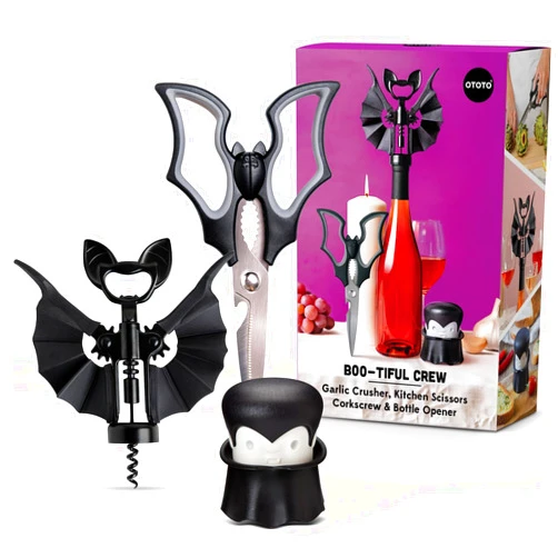 OTOTO Boo-tiful Crew Bundle of Elizabat, Vino, Gracula - Halloween Kitchen Decor Goth Accessories, Cool Kitchen Gadgets, Bat Scissors, Spooky, Witchy Bottle Opener, Garlic Crusher, Spooky Funny Gifts