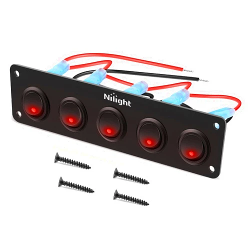 Nilight 5 Gang 3 Pin Rocker Switch Panel Waterproof On Off 12V Red Toggle for Cars Trucks Boats