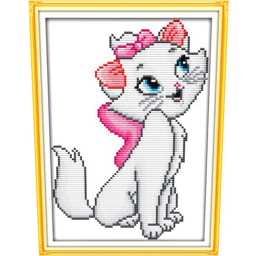 CROSSDECOR Cross Stitch Stamped Kits Pre-Printed Cross-Stitching Starter Patterns for Beginner Kids or Adults, Embroidery Needlepoint Kits (Pink cat 9.4×13 inch)
