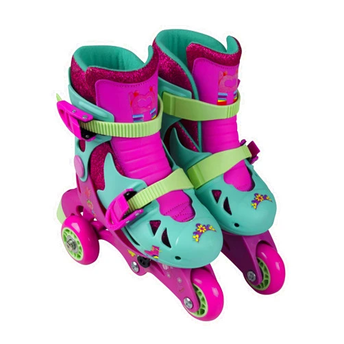 PlayWheels Trolls Glitter Convertible 2-in-1 Skates – Junior Size 6-9, Switch Between Tri-Wheel and Inline for Versatile Skating Fun, Adjustable Fit with Secure Straps and Comfortable Padding