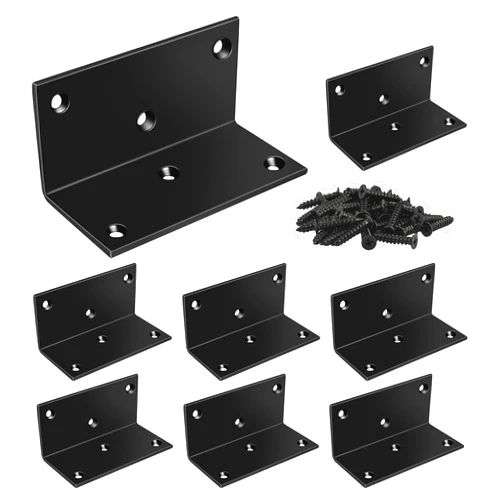 MOZCORN 8PCS L Brackets for Wood, Corner Brackets Screws Set,2x4 Iron Angle Brackets for Brace Shelves Furniture, Metal Joint Corner Brace for DIY Handcraft Wood Connector,Black
