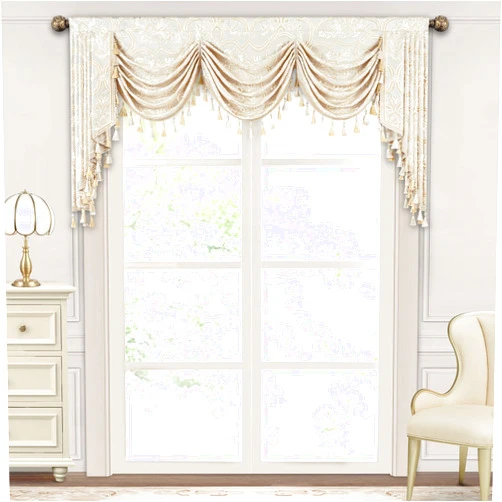 Loom and Mill European Elegant Waterfall Valance for Living Room, Luxury Jacquard Frame Swag Valances with Tassels, Beige Gold Floral Swag Curtains for Bedroom Window Holiday Decor(W79 Inch,1 Panel)