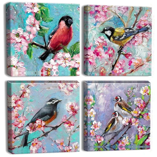 OTOSTAR 4 Pieces Wall Art Canvas Prints - Oil Painting Flowers and Birds Picture Painting - Modern Wall Artwork Framed for Gifts Bathroom Home Kitchen Office Decor - 12 x 12 Inch