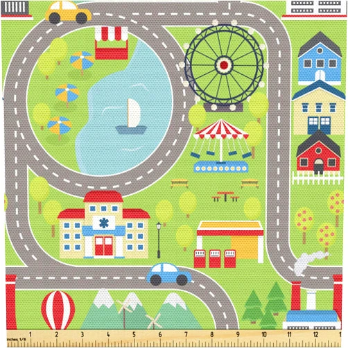Ambesonne Car Race Track Fabric by The Yard, Cartoon Design Summer City Amusement Park and Lake Roadway Activity, Decorative Fabric for Upholstery and Home Accents, 1 Yard, Green Grey