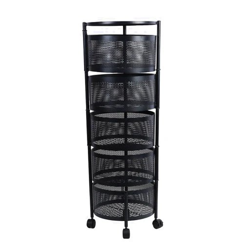 Yulewiix 5 Tier Rolling Storage Cart, Circular Kitchen Storage Cart, Large Storage Rack with 360 Degree Wheels, Fruit Vegetable Metal Wire Shelf with Top Lid for Home Black Five Layers