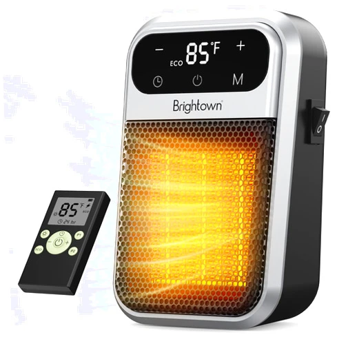 Brightown 800W Plug in Heater with Remote - Outlet Space Heater with Touch LED Display, Small Electric Wall Heaters for Indoor Use with Adjustable Thermostat and 12H Timer for Bathroom Office Bedroom