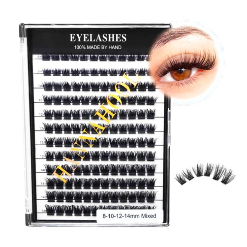 Hannahool Mixed 8-12-14-16mm/8-10-12-14mm/10-12-14-16mm/14-15-16mm Wide Stem Individual False Eyelashes Soft Lightweight Volume Eyelashes Extensions Makeup Cluster Lashes (Mixed 8-10-12-14mm)