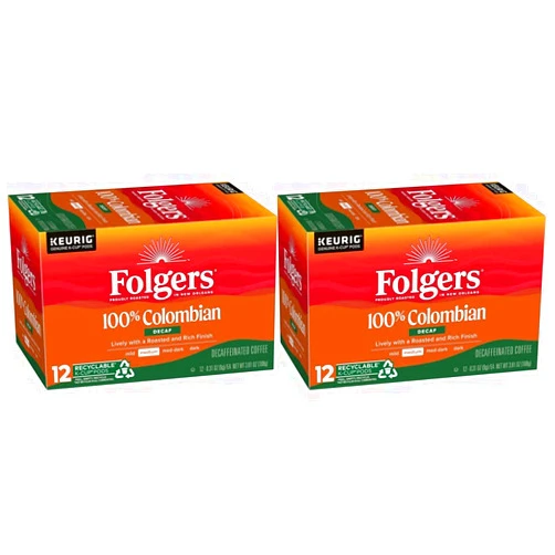 Folgers 100 Colombian Decaf Medium Roast Coffee Keurig KCup Pods, Lively Columbian, 12 Count (Pack of 2)