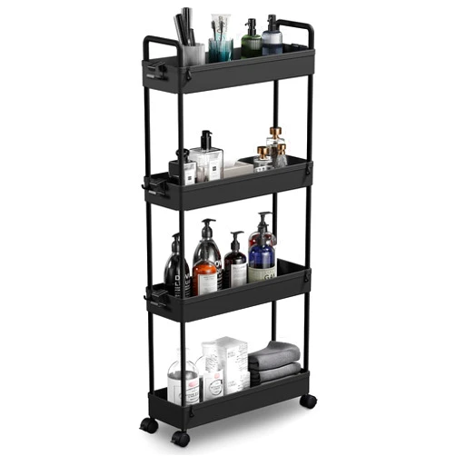 SOLEJAZZ Slim Storage Cart, 4 Tier Bathroom Organizer Mobile Shelving Unit, Rolling Utility Cart Slide Out Organizer for Kitchen, Bathroom, Laundry, Narrow Places, Black
