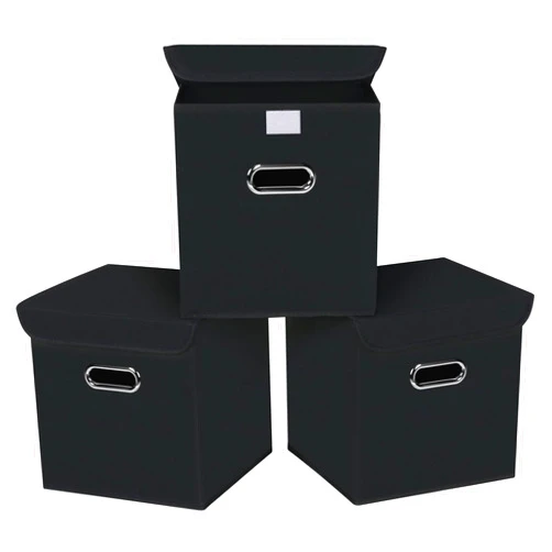 SEVENDOME Closet Organizers Fabric Storage Bins With Lids Collapsible Cube Storage Organizer Basket With Handles,Storage Boxes for Clothes Storage,Office,Toys,3 Pack,（Black
