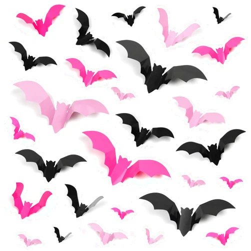 Bamamon 72 Pcs Bats Pink Halloween Decoration, 3D Bat Wall Decor Stickers 4 Size Realistic PVC Black and Pink Bats DIY Home Decor Wall Decal Bathroom Indoor Outdoor Window Décor Halloween Party Supplies