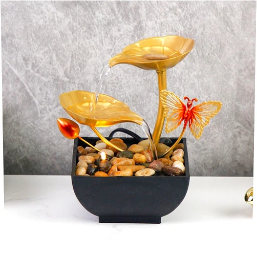 FADECOR Indoor Tabletop Fountain 2-Tier Gold Lotus Leaf Relaxation Fountains Waterfall Decoration Relaxation Water Fountain Includes Natural River Rocks and Light for Room Decoration