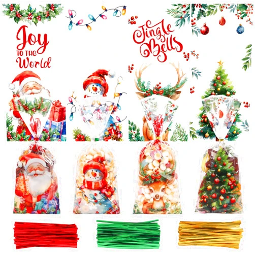CCINEE 200PCS Christmas Cellophane Treat Bags, Xmas Clear Cello Gift Bags Candy Goodies Bags with Twsit for Christmas Holiday Party Favors