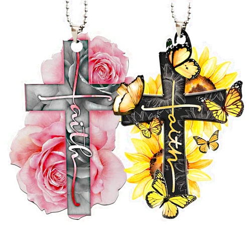 AirSun 2pcs Car Rear View Mirror Accessories, Ornament Sunflower Jesus Pink Rose Faith Cross Car Decor Cute Car Hanging Decorations Christmas Decoration Charm Gift