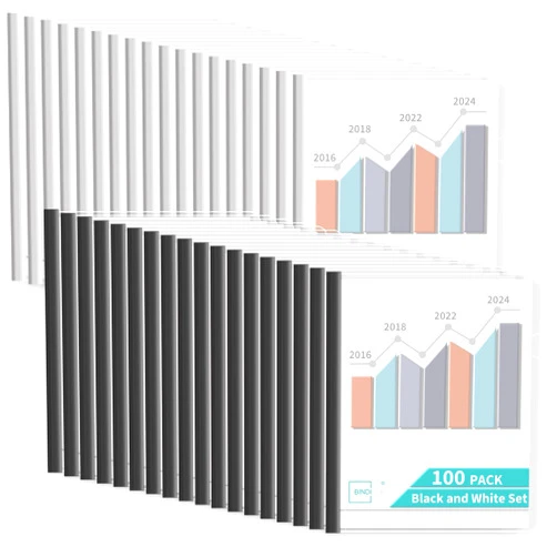 Binditek 100 Pack Clear Report Covers with 9mm Sliding Bars, 70 Sheet Capacity, Black and White Binding Bars, Letter Size, for Students and Coworkers
