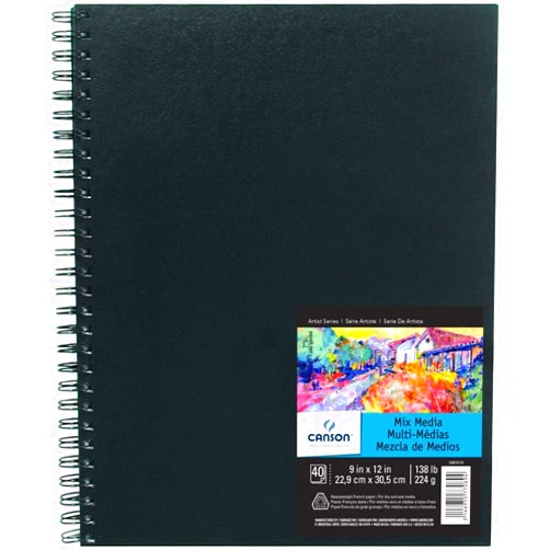 Canson Mix Media Art Book, Heavyweight French Paper, Double Sided Fine and Medium Texture, Side Wire Bound, 138 Pound, 9 x 12 Inch, 40 Sheets