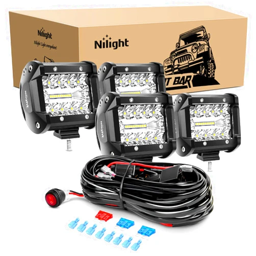 Nilight - ZH416 4PCS 4Inch 60W Triple Row Flood Spot Combo 6000LM LED Pods Light Bar Driving Boat Led Off Road Lights with 16AWG Wiring Harness-4 Leads