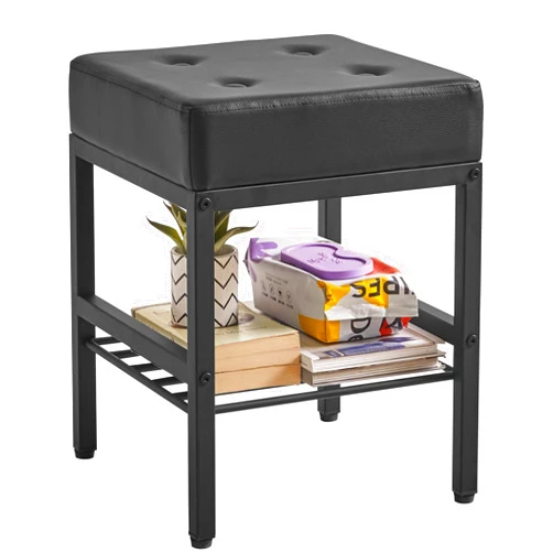 IBUYKE Square Makeup Stool with Adjustable Feet and Storage Space, Footrest Stool, PU Seat Vanity Stool, Multi-Use as Small Side Table or Ottoman, for Bedroom, Black LG-60B