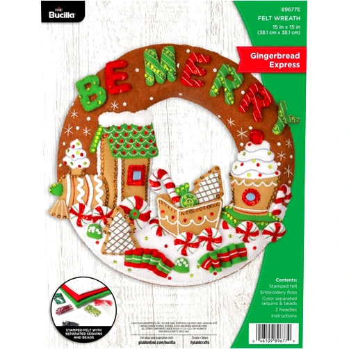 Bucilla, Gingerbread Express, Felt Applique Wreath Making Kit, Perfect for DIY Arts and Crafts, 89677E