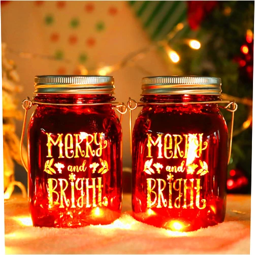 MUMTOP 2 Pack Christmas Solar Lanterns Waterproof Hanging Glass Mason Jar Solar Lights Fairy Yard Ornament for Outdoor Indoor Garden Yard Lawn Tabletop Christmas Decorations, Red