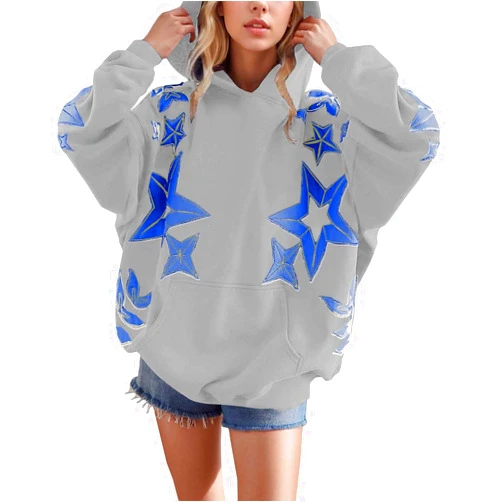 Generic Hoodie for Women Crewneck Oversized Star Loose Long Sleeve Trendy Sweatshirts with Pocket Cute Casual Sweatshirt Outfits