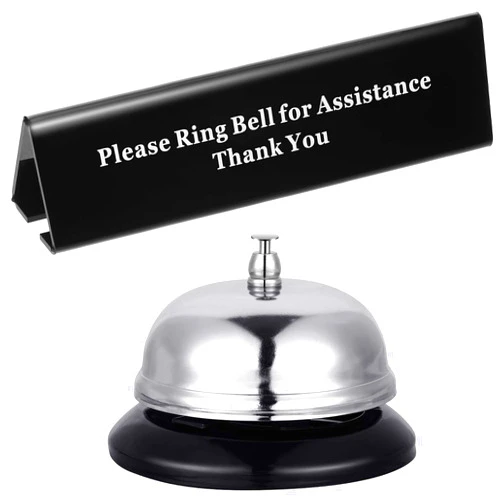 Boao Desk Service Dinner Bell Metal Silver Call Bell and Double Side No Receptionist Sign Please Ring Sign for Service Assistance for Hotel School Restaurant Reception Area(Sliver Bell)