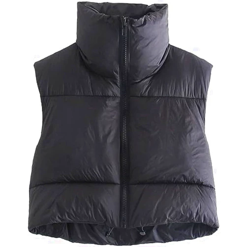 Shiyifa Women's Fashion High Neck Zipper Cropped Puffer Vest Jacket Coat