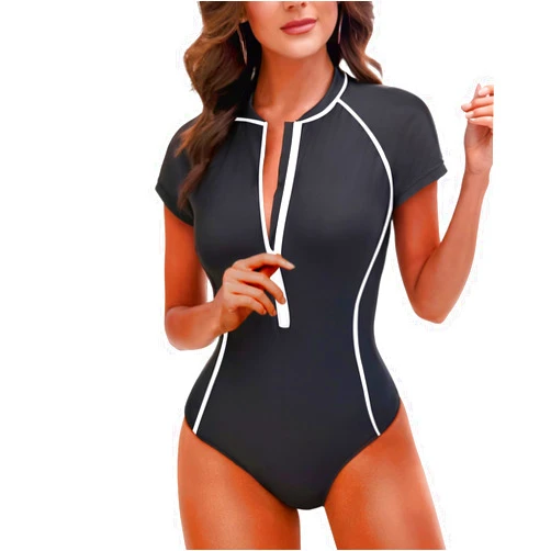 Holipick Women's One Piece Short Sleeve Rash Guard Surfing Modest Swimsuit Zipper Front Bathing Suit with Built in Bra