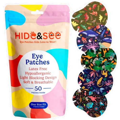 HIDE&SEE Speckles Kids Eye Patches (Wild Pack) Fun & Comfortable Hypoallergenic Patches for Amblyopia Treatment for Boys & Girls Includes Reward Chart (50 Pack)