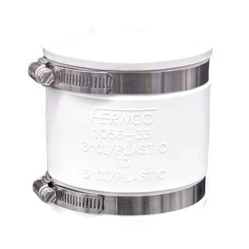 Fernco 1056-33 3-in. Flexible PVC Pipe Coupling for Cast Iron and Plastic Plumbing Connections in White