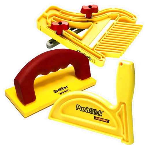 Milescraft 7334 Safety Bundle - Includes Feather Board, Push Stick, and FREE Grabber push block. Ideal for use on router tables, table saw, jointers, and even band saws , Yellow
