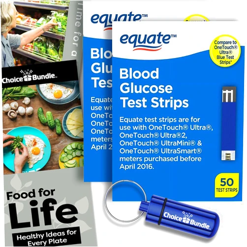 Choice Bundle Equate Blood Glucose Test Strips for OneTouch Ultra, Ultra 2, Ultra Mini, One Touch Ultra Smart 50 Ct 2 Pk Choice Bundle (100 Total) + Food Guide & Pill Container (4 Items)!