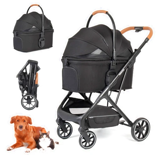 BEBEROAD PETS T6 Luxury Pet Stroller for Medium Dog Under 66lbs or 2 Small Dogs & Cats, Foldable and Carrier -Detachable (Black)