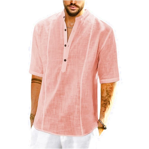 JMIERR Mens Cotton Linen Henley Shirt Casual Button Down Short Sleeve Tropical Shirts Summer Beach T Shirts