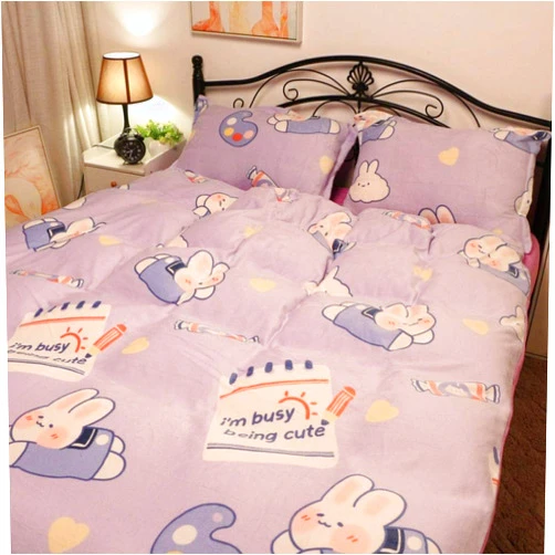 Geekcook Bedding Set,Coral Fleece Quilt Cover Single Piece Flannel Single Double-Sided Plush Quilt Winter Thickening Plus Velvet Milk Velvet Four-Piece-White Rabbit_King