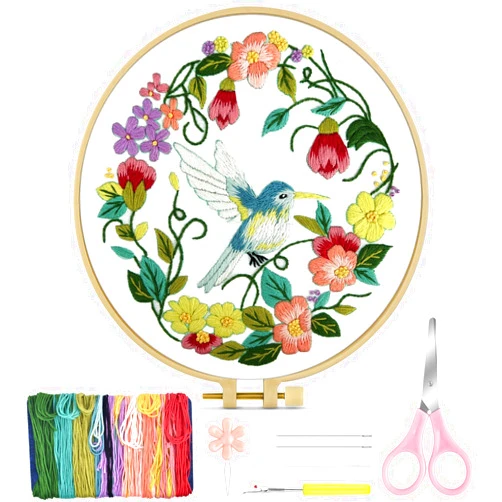 TINDTOP Embroidery Kit for Beginners Adult, Hummingbird Embroidery Kit for Beginners Include Embroidery Cloth Hoops Threads for Craft Lover Hand Stitch with Embroidery Skill Techniques