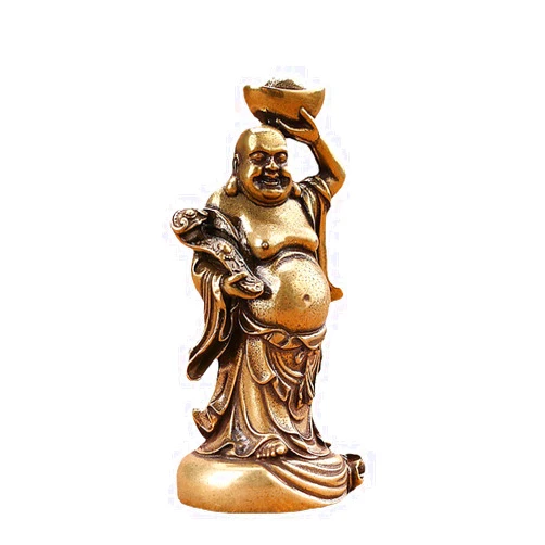 LOTONJT Solid Brass Laughing Buddha Statue Sculpture Metal Art Buddha Holding Ingot Figurine Feng Shui Wealth Statue Gift Money Bag Buddha Bronze Sculpture Desktop Home Office Decor