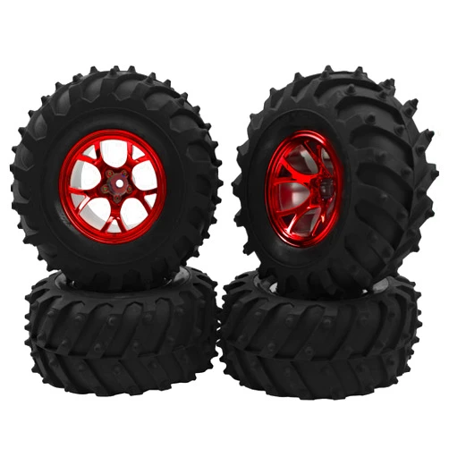 HIRCQOO 4.72''OD Rubber Tires & Wheel Rim 12mm Hex Hub Compatible with RedCat Volcano Traxxas Rustler HPI HSP Tamiya Exceed Himoto 1/10 Off-Road Monster Truck,120mmx56mm (Red)