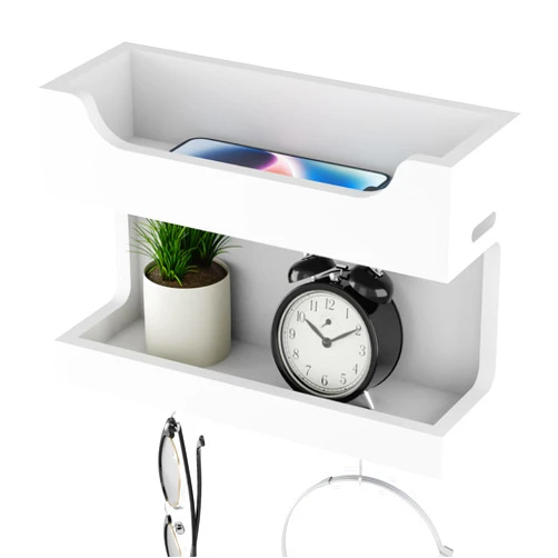 NiHome Wall Mounted Wooden Bedside Accessories Organizer, Double Tray Bedside Wall Storage Shelf Rack with Magnetic Hooks,Bedroom Dorm RV Wall Caddy Holder for Phone Glasses Alarm Clock Remote (White)