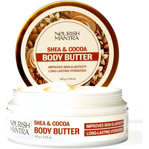 NOURISH MANTRA Shea & Cocoa Body Butter | Creamy Moisturizer for Long-Lasting Moisture & Soft Skin | Infused with Shea Butter & Cocoa Butter | Suits All Skin Types | For Women & Men | 100 g