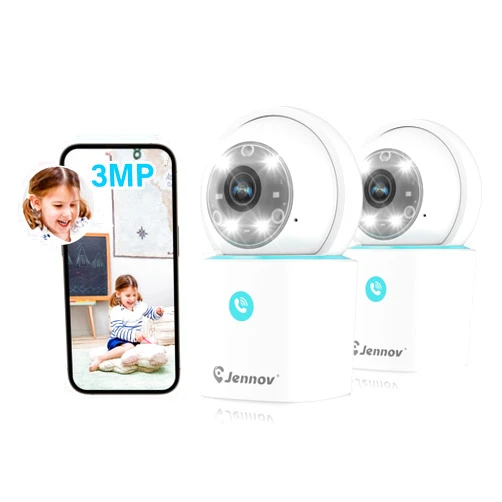 Jennov 2K Indoor Cameras for Home Security - 360° Security Camera for Pet Dog with Phone App, 2.4Ghz WiFi Baby Camera Monitor, Motion Detect, Color Night Vision, One-Touch Calls, Auto-Tracking -2 Pack
