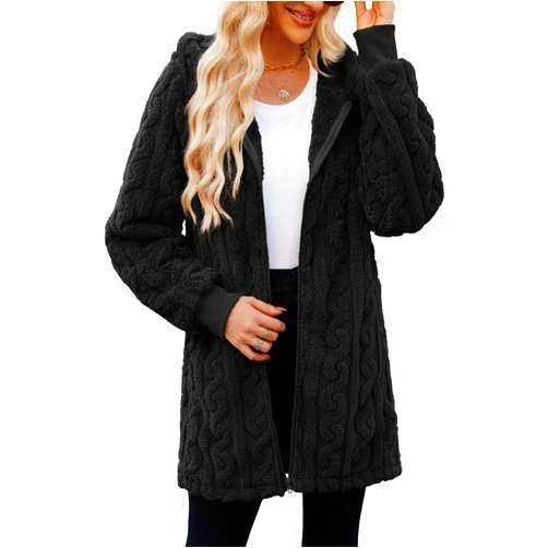 ReachMe Womens Fleece Zip Up Jacket with Pockets Oversized Long Sherpa Hoodie Fuzzy Jackets Warm Teddy Coat
