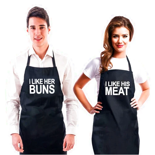 Forkit LLC Funny Couple Aprons (2 Pack) & Gift Bag - I Like her Buns, I Like His Meat, Kitchen Couple Apron for Girlfriend, Boyfriend, Best Friend - Birthday, Engagement, Anniversary, Wedding Gift Idea - Forkit