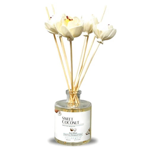 HALAROSIS Halárosis Natural Flower Reed Diffusers - Best Performance with Long-Lasting Fragrance - Luxurious Reed Diffuser Any Occasion (Sweet Coconut) 4 Straight Reeds, 4 Flower Reeds