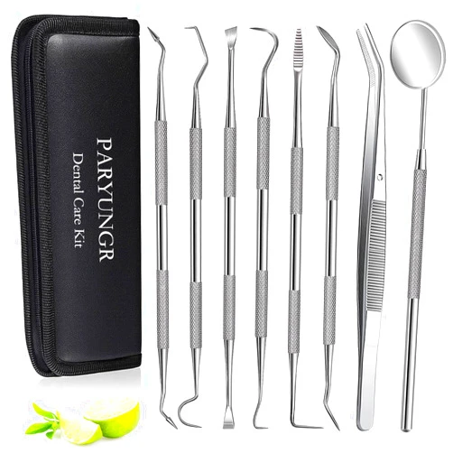 PARYUNGR 8 Pack Dental Tools PARYUNGR Teeth Cleaning Tool Kit, Stainless Steel Scraper Plaque Tartar Remover Tooth Cleaner Dental Floss Picks, Professional Oral Care Hygiene Set for Personal Pet Use with Case