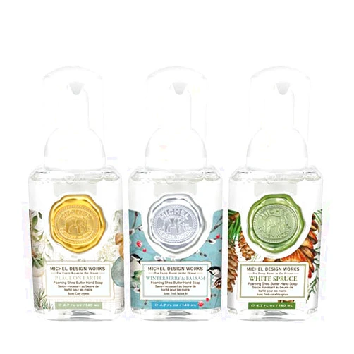 Michel Design Works Happy Holidays Mini Foaming Soap 3-Pack Set (Peace On Earth, Winterberry & Balsam, White Spruce)