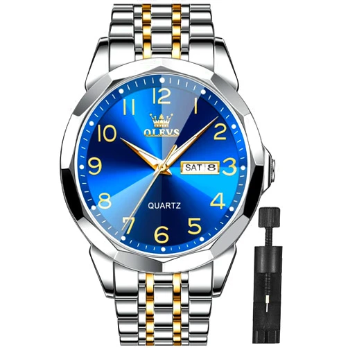 OLEVS Watch for Men Business Dress Diamond Analog Quartz Date Luxury Classic Stainless Steel Waterproof Luminous Two Tone Wrist Watch
