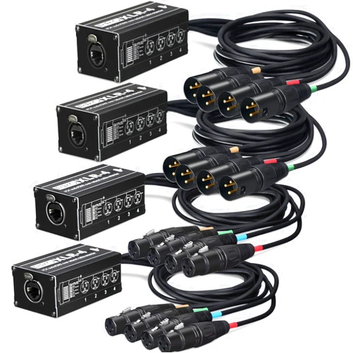Flutesan 4 Pack 4 Channel 3 Pin Audio Snake XLR Cable Breakout XLR Over RJ45 Multi Network Snake Receiver with 3.3 ft Cable Snake Box Extender for Stage Lighting Home Recording Studio (Black Plug)