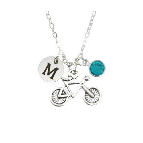 Madie's Charms Bike Necklace - Bicycle Jewelry - Biker Gifts for Girls - Personalized - Cycling - Initial Disc - Birthstone - Silver - Custom