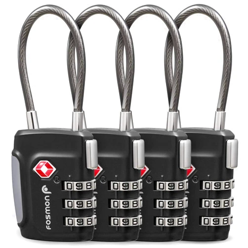 Fosmon TSA Accepted Cable Luggage Locks, (4 Pack) Re-settable Easy to Read 3 Digit Combination with Alloy Body and Release Button for Travel Bag, Suit Case & Luggage - Black